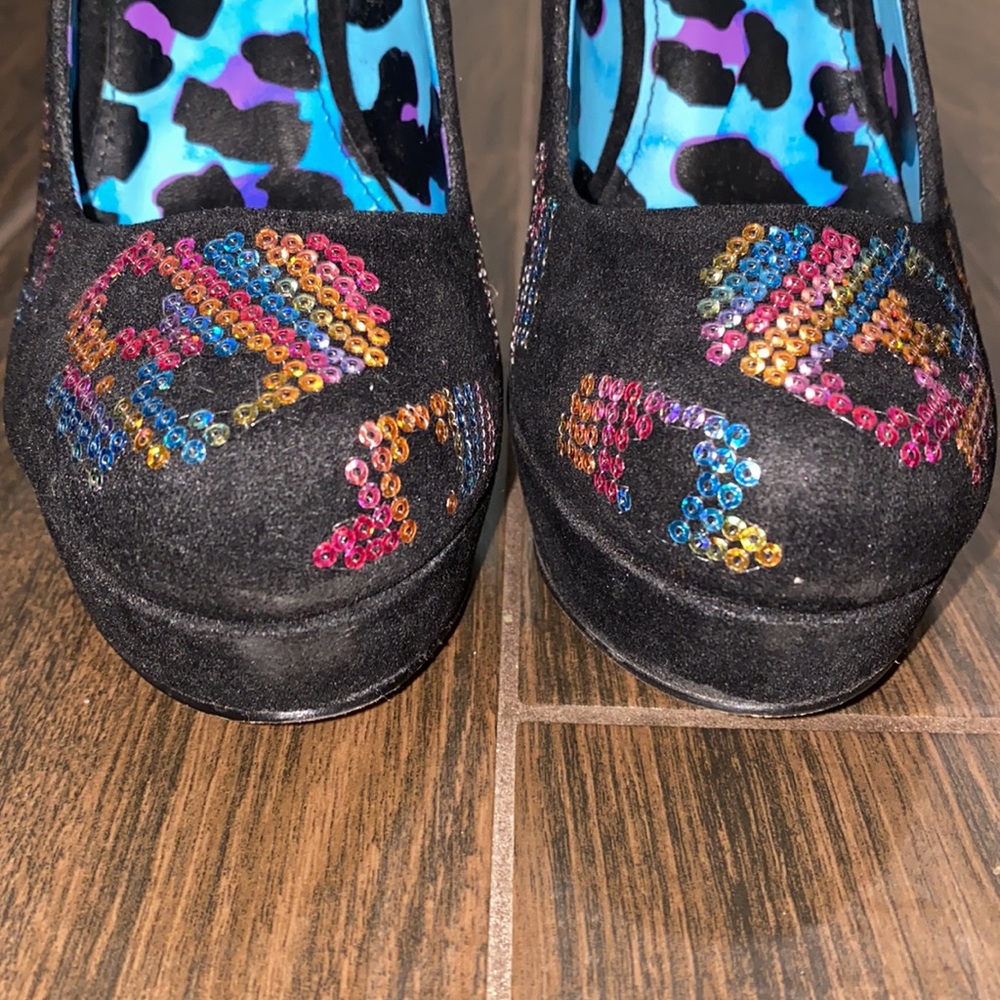 COPY - Iron Fist sequins colorful sugarskull suede platform round toe heels - Picture 7 of 10